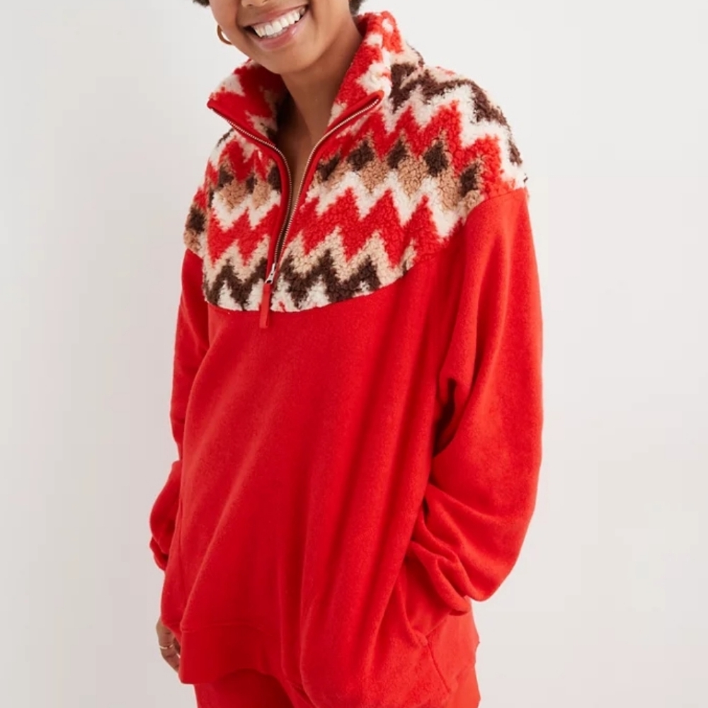 Aerie Red Chevron Sherpa Quarter Zip Pullover Fleece Cozy Sweatshirt L